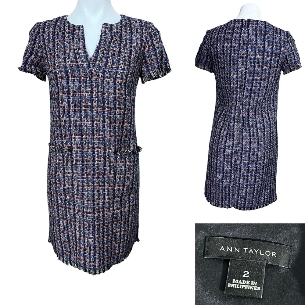Ann Taylor dress sz 2 Tweed  blue multicolor short sleeve office business casual